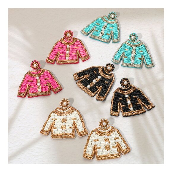 Tigerstars Turquoise Pearly Seed Beaded Felt Back Dangle Earrings - Picture 2 of 2